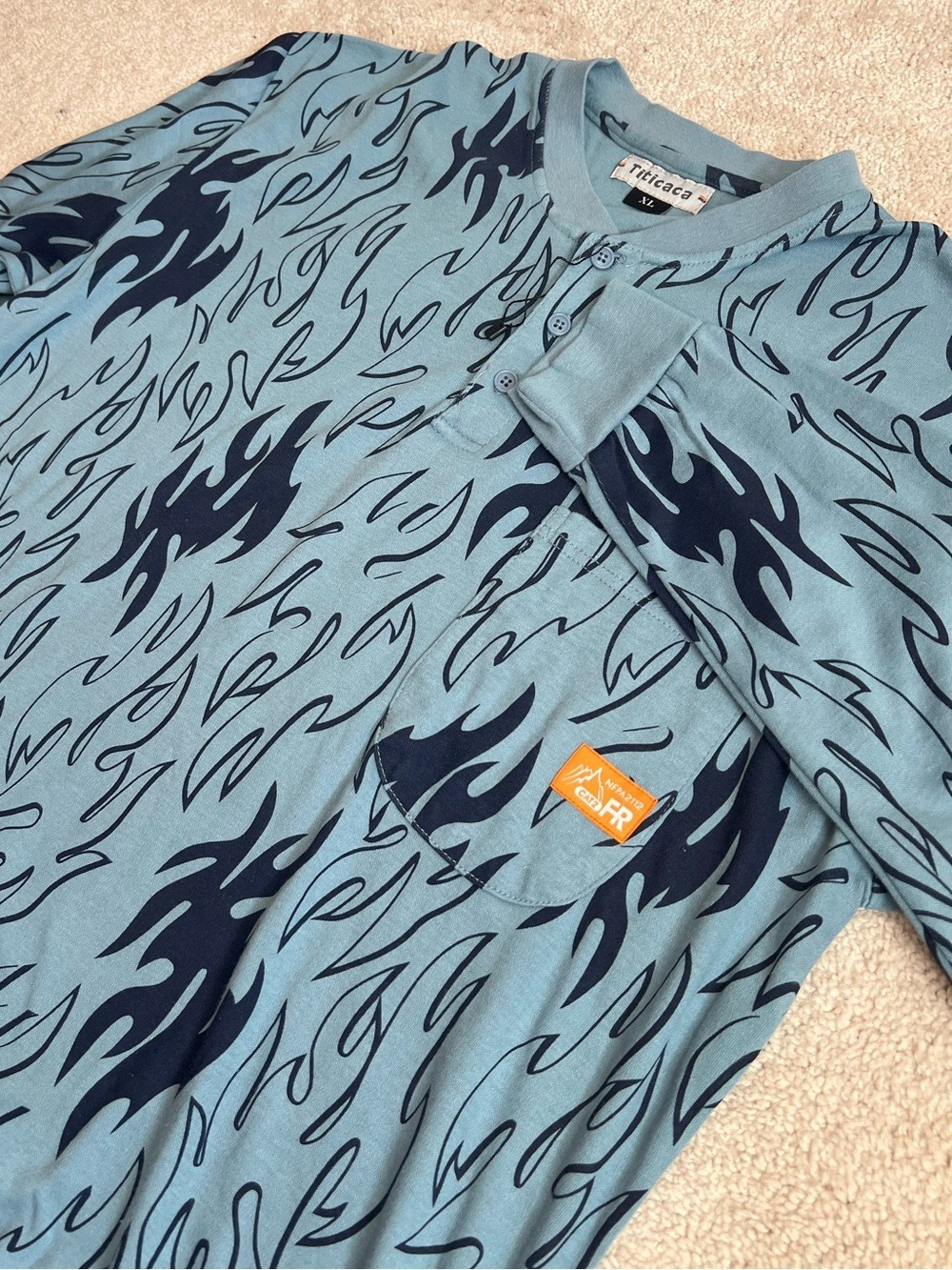 Titicaca Mens XL Flame Resistant Shirt CAT2 NFPA 2112 FR Blue Henley Long Sleeve